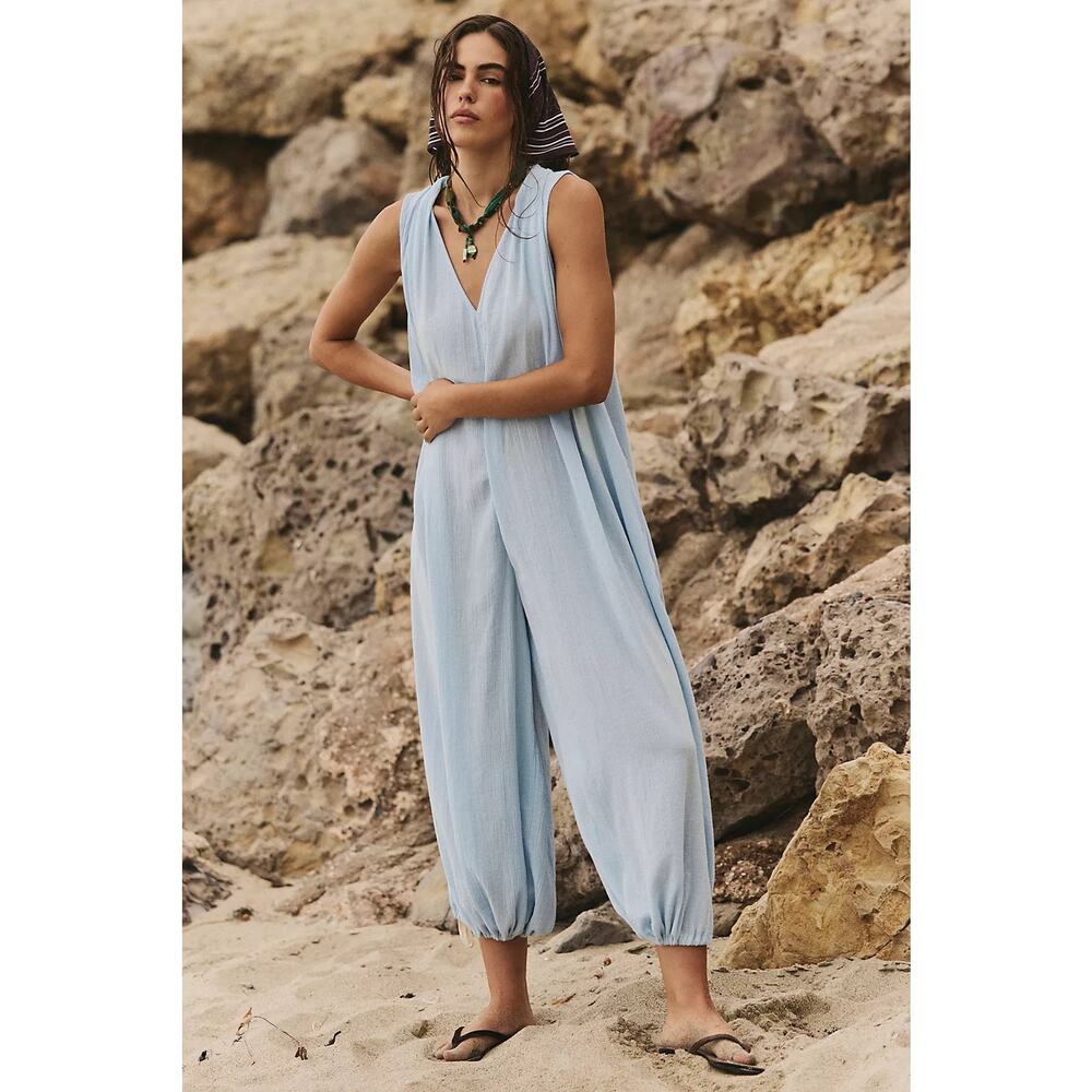 Free People Free-Est Nautical Notions Jumpsuit Light Blue Size Small